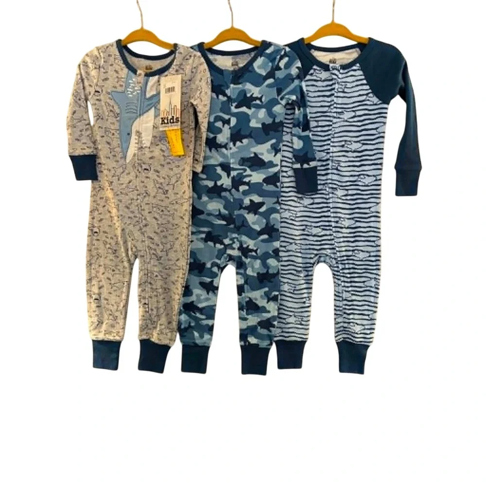 Kids Headquarters Shark Pajamas Baby 18M Blue New 3-Pack Union Suits